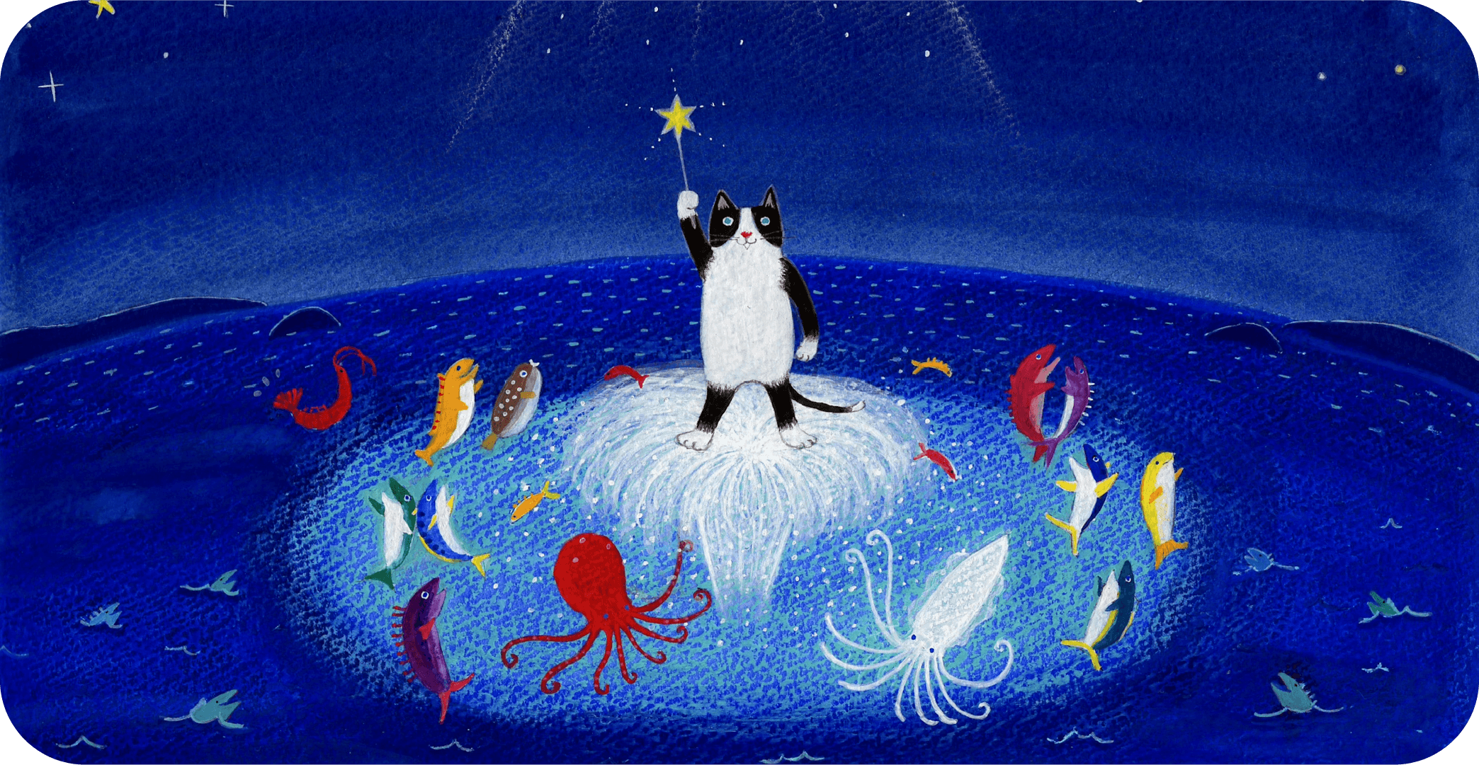 絵画「ボクはあたま　あたしはしっぽ」猫2匹青魚 b694a6920956256e460453ebfa35a4